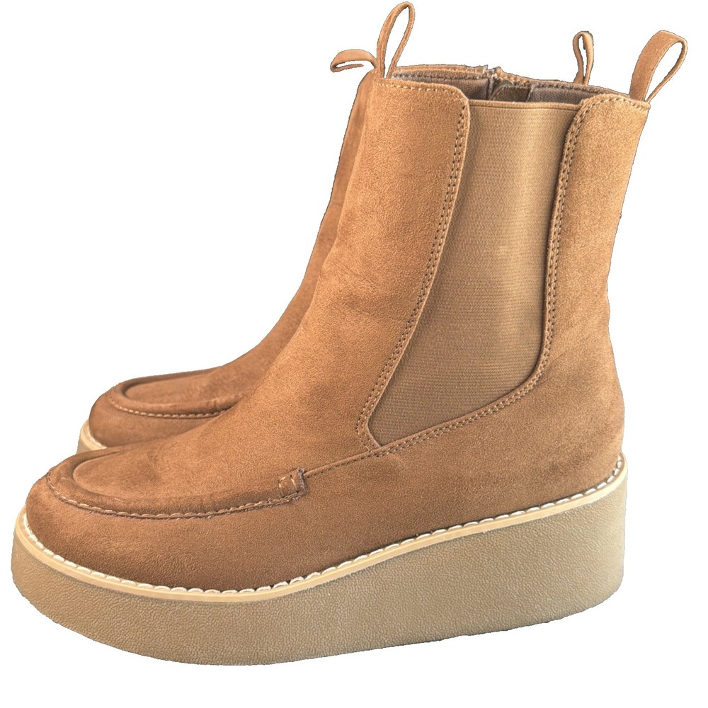 London Underground Charlie Platform Boots 8 Chestnut Faux Suede Side Zip